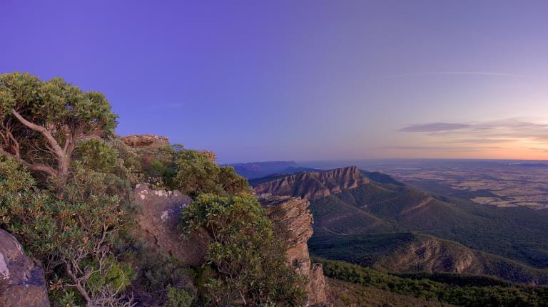 Scenery, Grampians National Park, Mt William, Gariwerd, Rock outcrops, landscape, view, low light, dusk. plants, flora,;