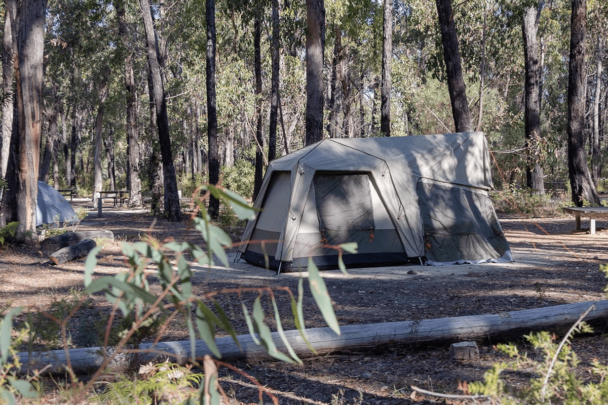 Tent set up in a quiet campground sitting under lots of tall trees around the tent