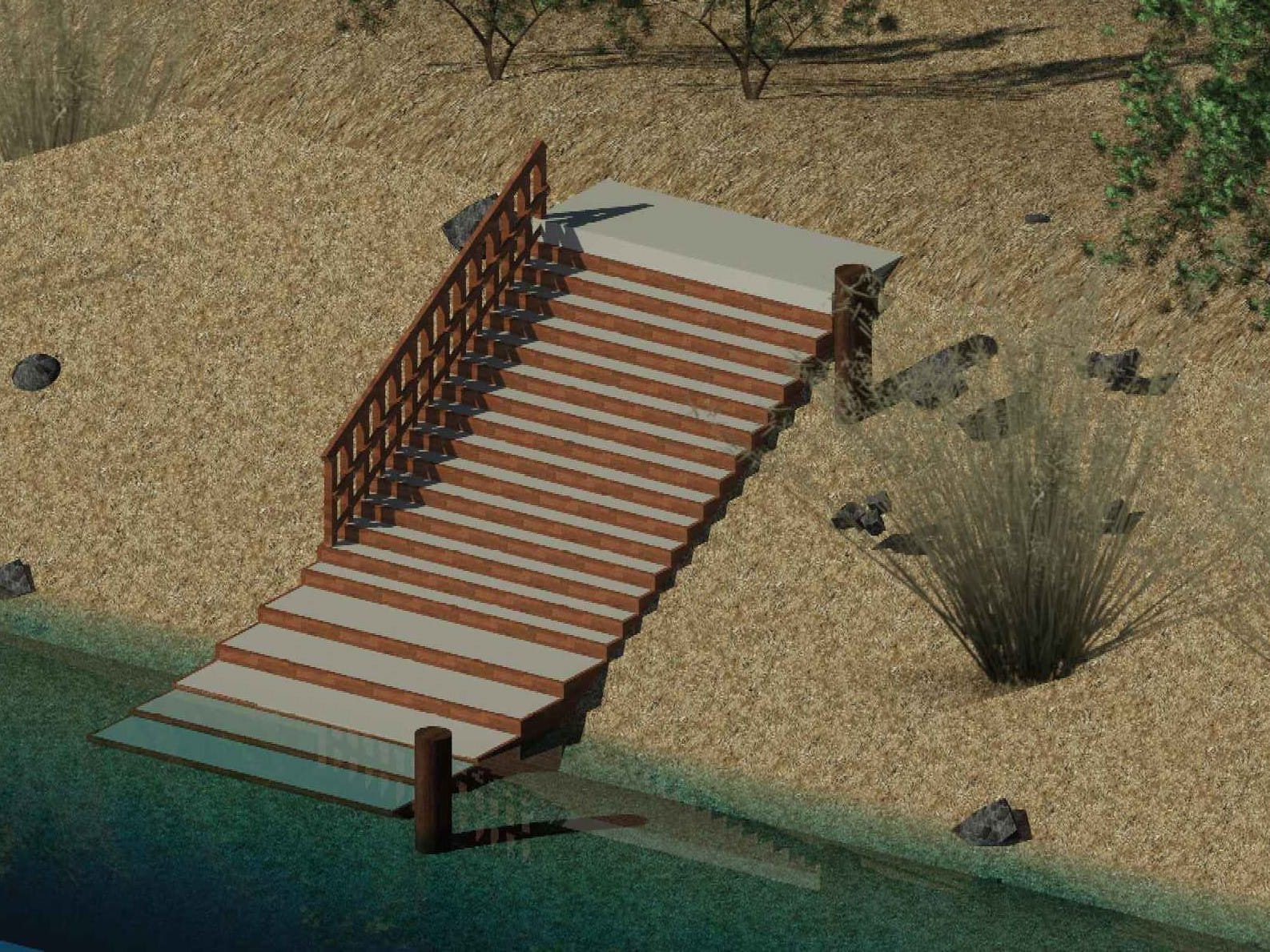 Proposed design for Kiln Bend stepped-style water launch. Key features include: Design which provides water access at various water levels, Grated Fibre Reinforced Plastic (FRP) top surface with non slip qualities, A handrail along one side of the steps for safety, Temporary tethering points for canoes and kayaks that are accessible at various water levels.