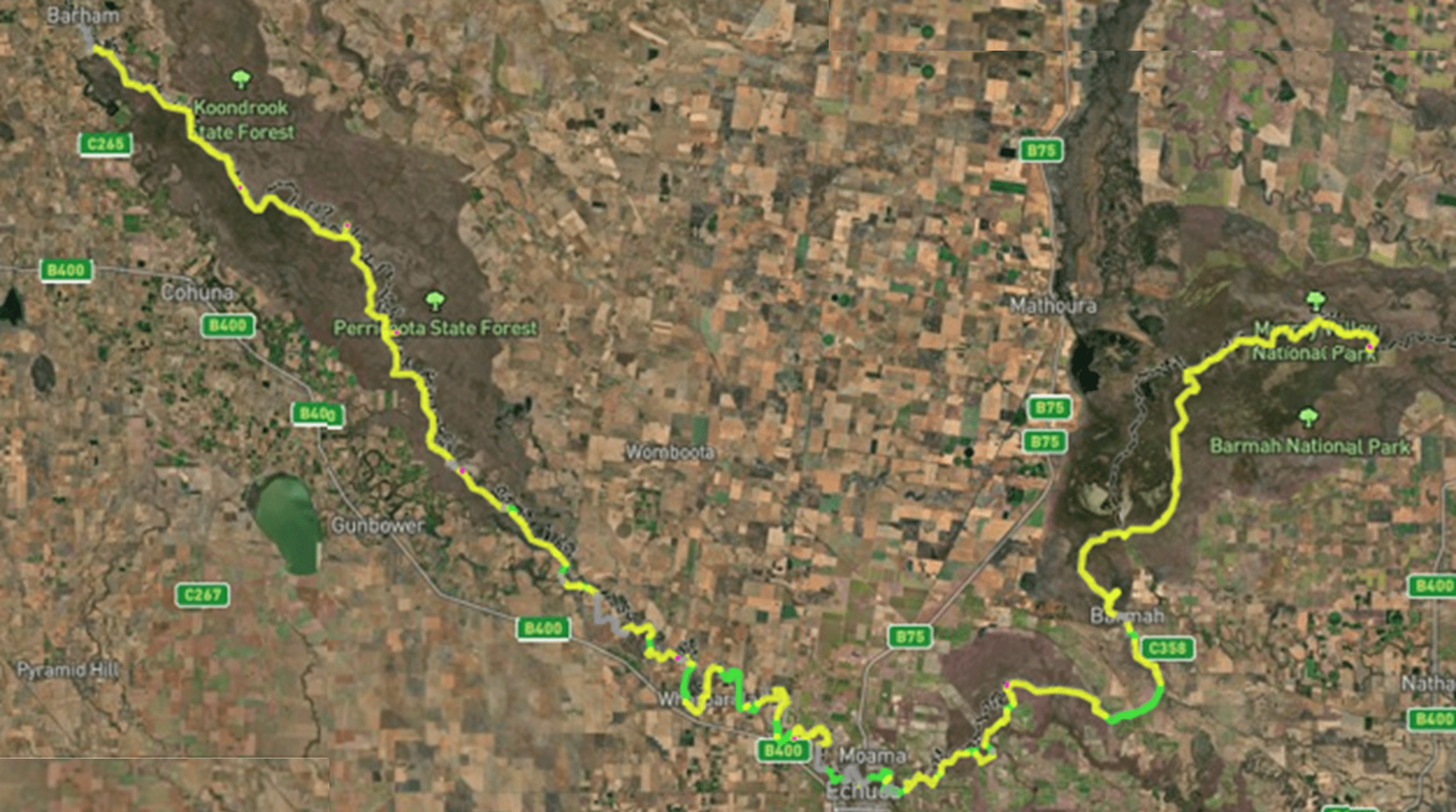 Map showing Stage One of the Murray River Adventure Trail which runs from The Gulf (Barmah National Park) to Koondrook, along the Murray River.