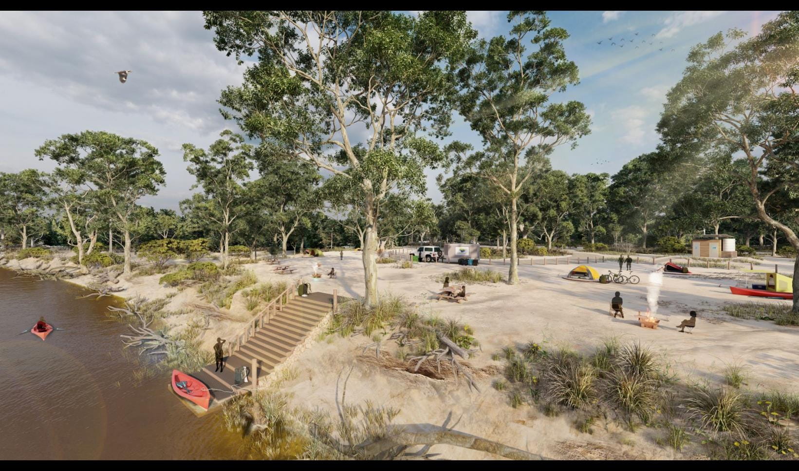 Artists impression of Kiln Bend Campground. People are enjoying picnic tables and fire pits on the bank of the Murray River. A stepped style canoe launch is in the foreground and someone is about to bring their kayak in to shore. In the background tents have been set up, toilets and parking are behind the tent camping area.
