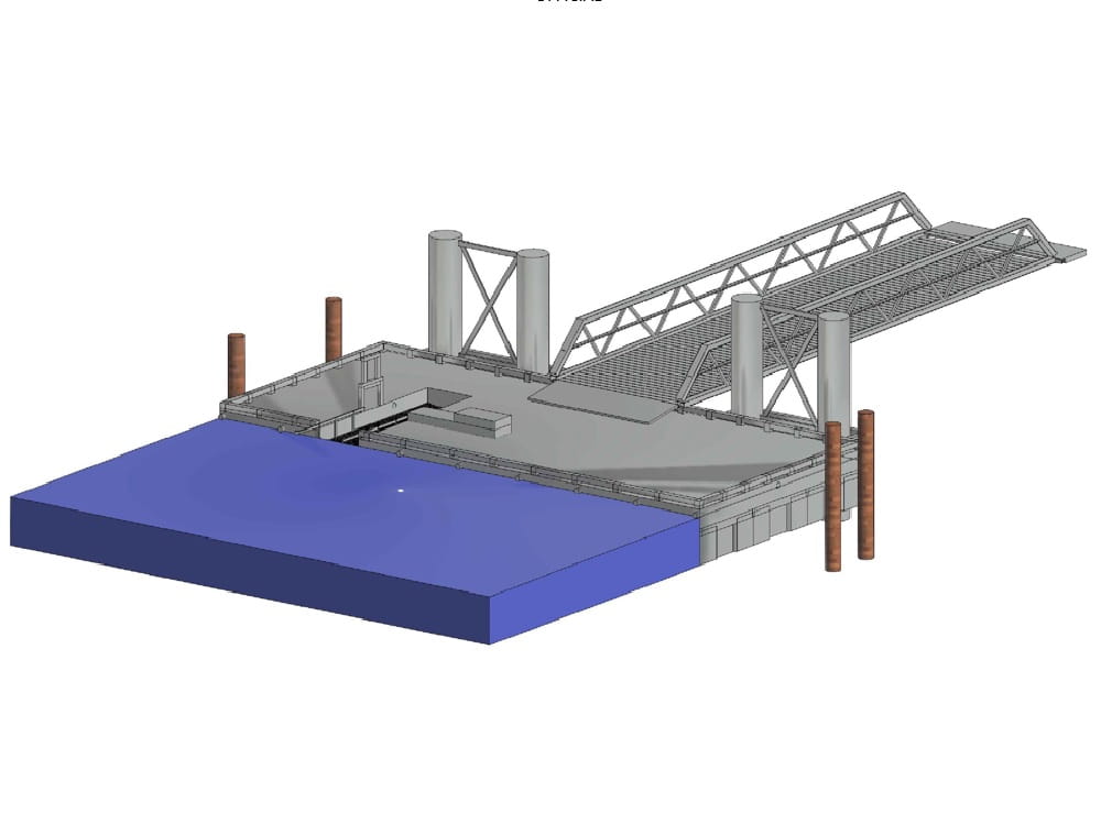 Proposed concept design for the Barmah Lakes floating pontoon. Key features include: Roller-style canoe and kayak launch, Accessible bench seat and handrail to assist users with limited mobility to enter and exit their canoe or kayak, Temporary tethering points for canoes and kayaks that are accessible at various water levels , Floating platform will sit approximately 30cm above water levell