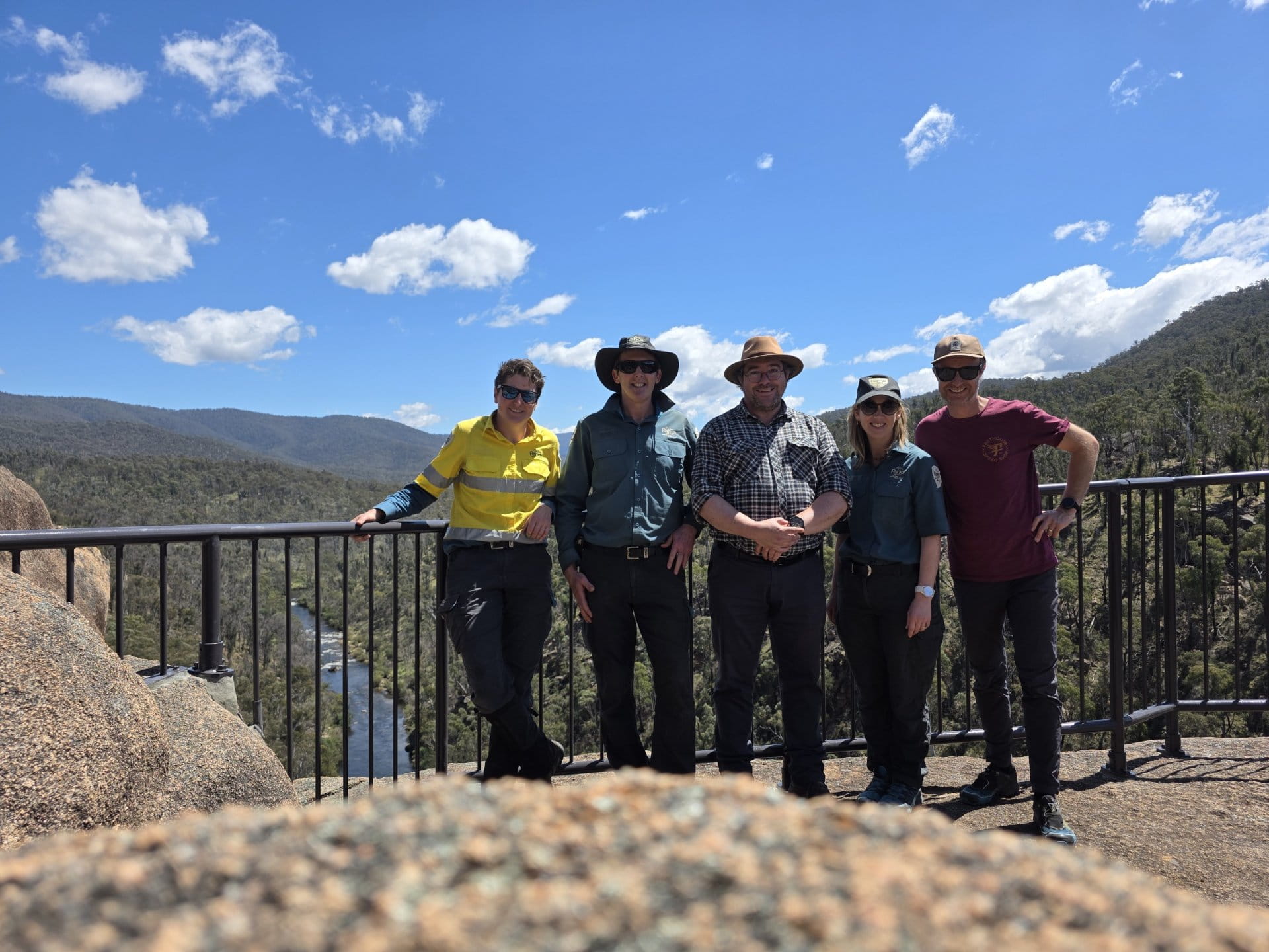 anglers rest walking track group photo at barrier