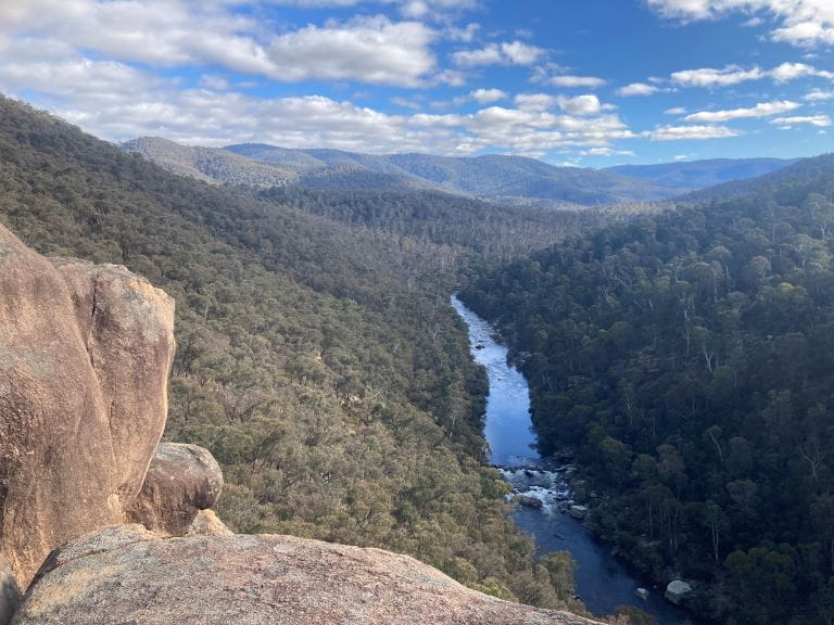 Image shows the view from the new proposed look out at Anglers Rest at Alpine National Park. The lookout is perched on rocks and looks out onto the Mitta Mitta River. Green trees and mountains surround the river.