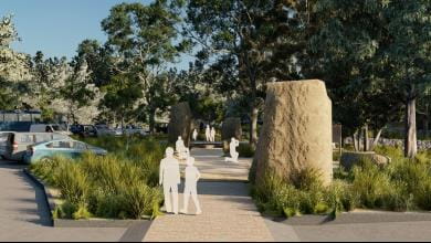 Concept illustration of people walking along path with landscaped grasses and large rock surrounding