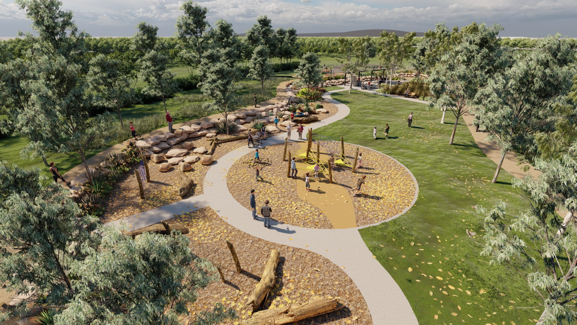 A render of a central activity space for ngarrak nakorang wilam park