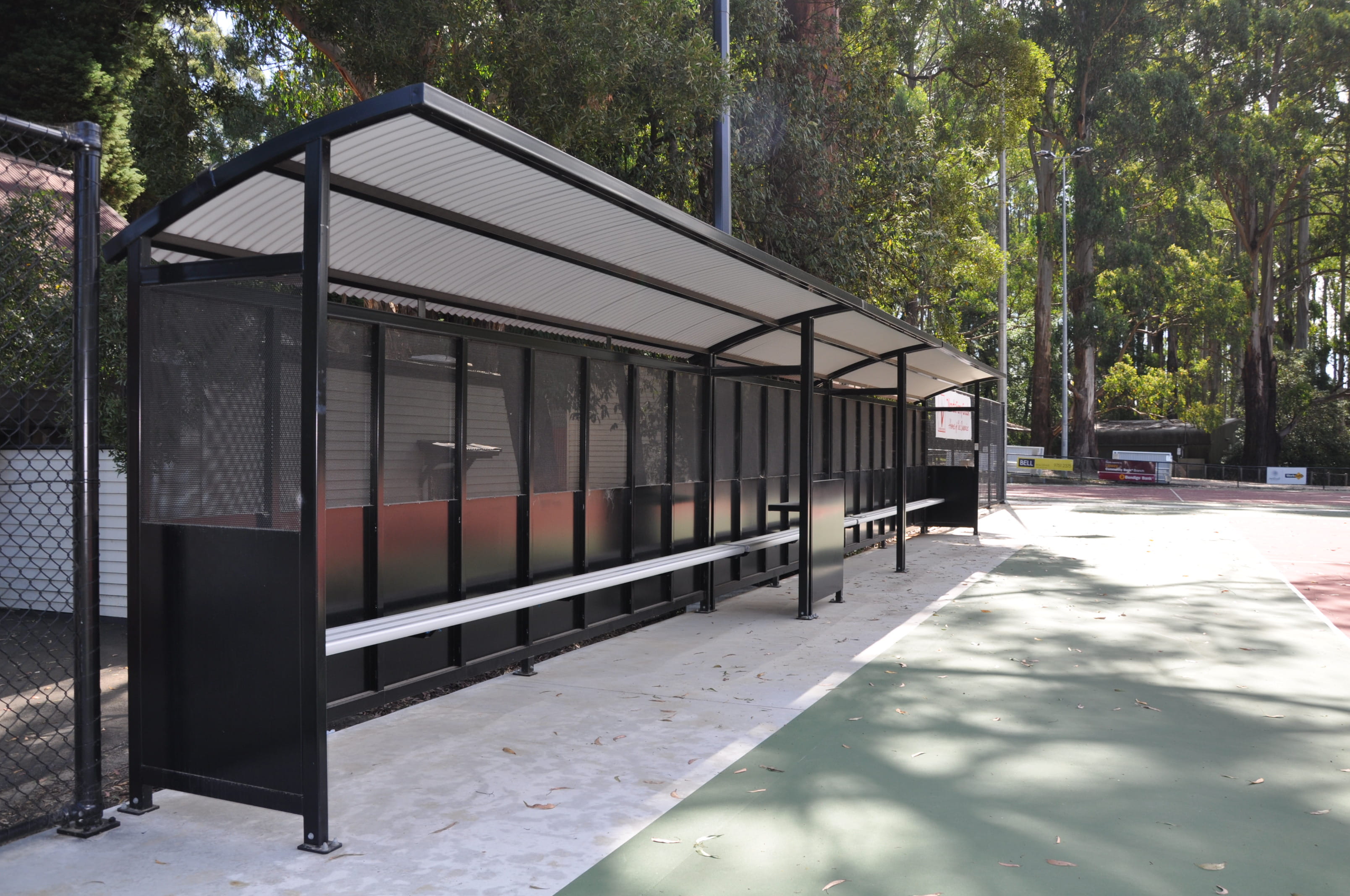 New shelters at the new netball court at Olinda Recreation Reserve. 