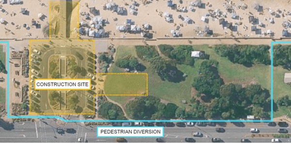 Image showing the boundaries of the construction site and pedestrian diversion at Dromana Pier