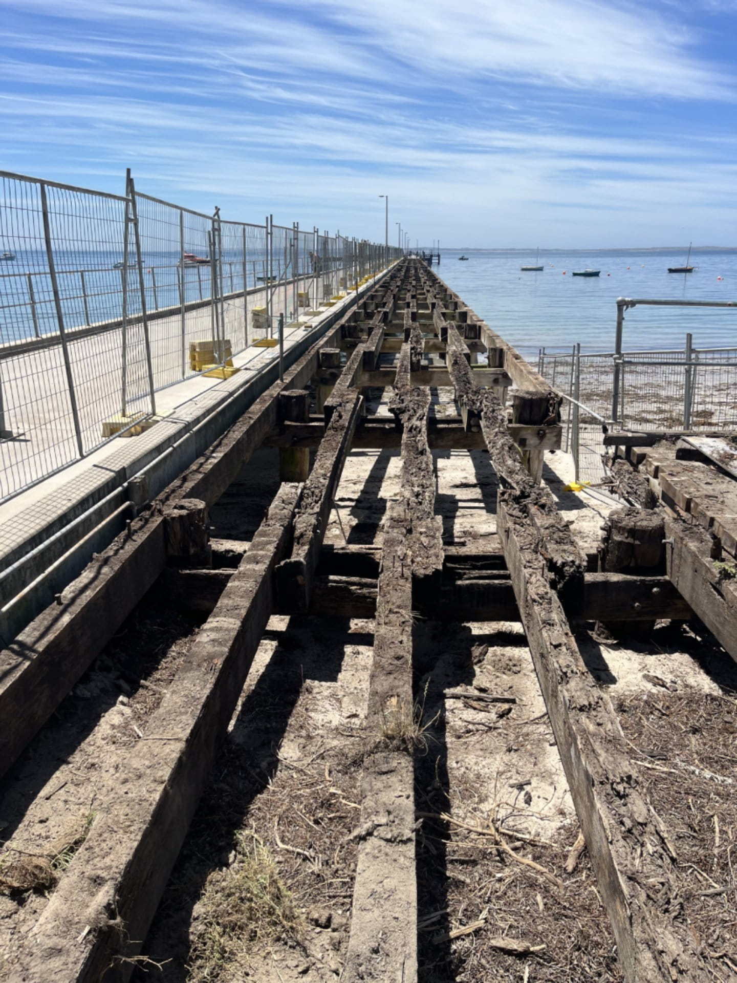 A close-up image of the damaged timber on the Flinders Pier.