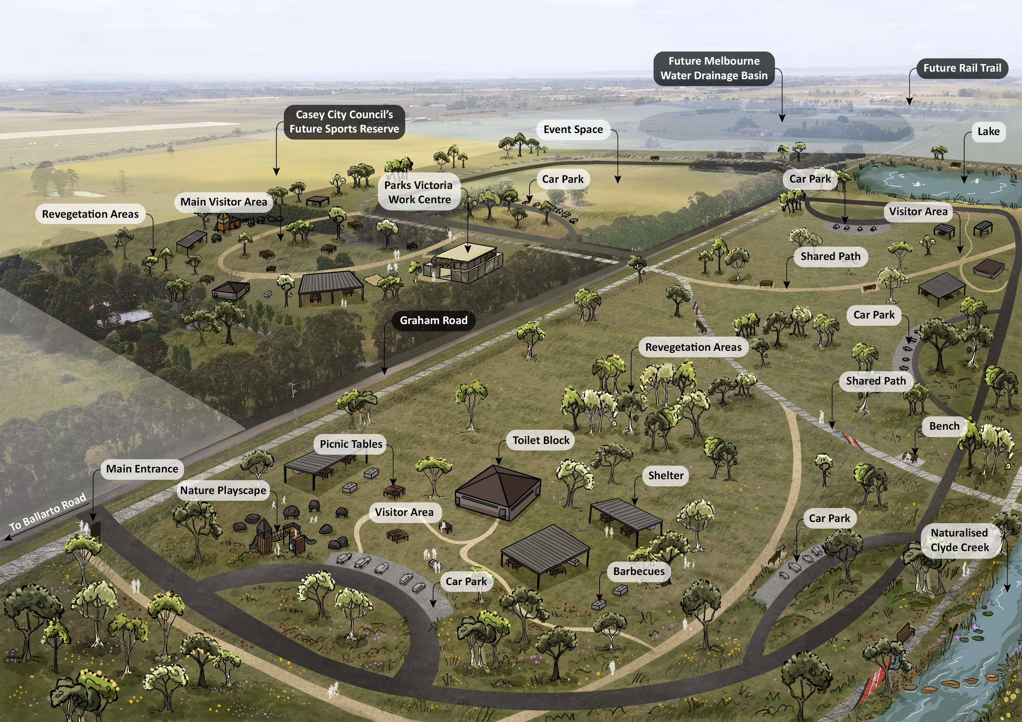 Labelled aerial view of the future Clyde Regional Park 