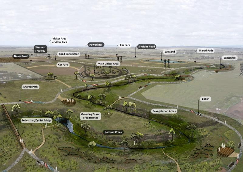 Labelled aerial view of a map of the future Werribee Township Regional Park