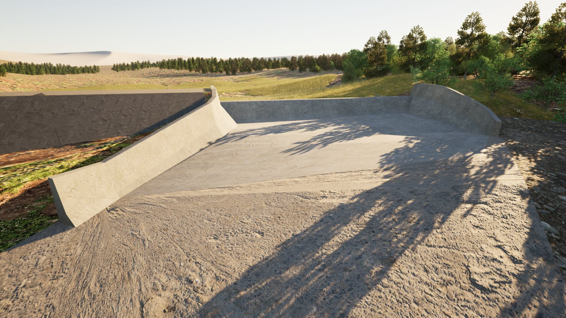 Rendered image of the proposed new concreted section to the side of the current dam wall, with grass and trees surrounding the area.