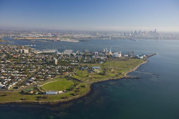 Aerial view of Point Gellibrand Coastal Park, Melbourne and Port Phillip