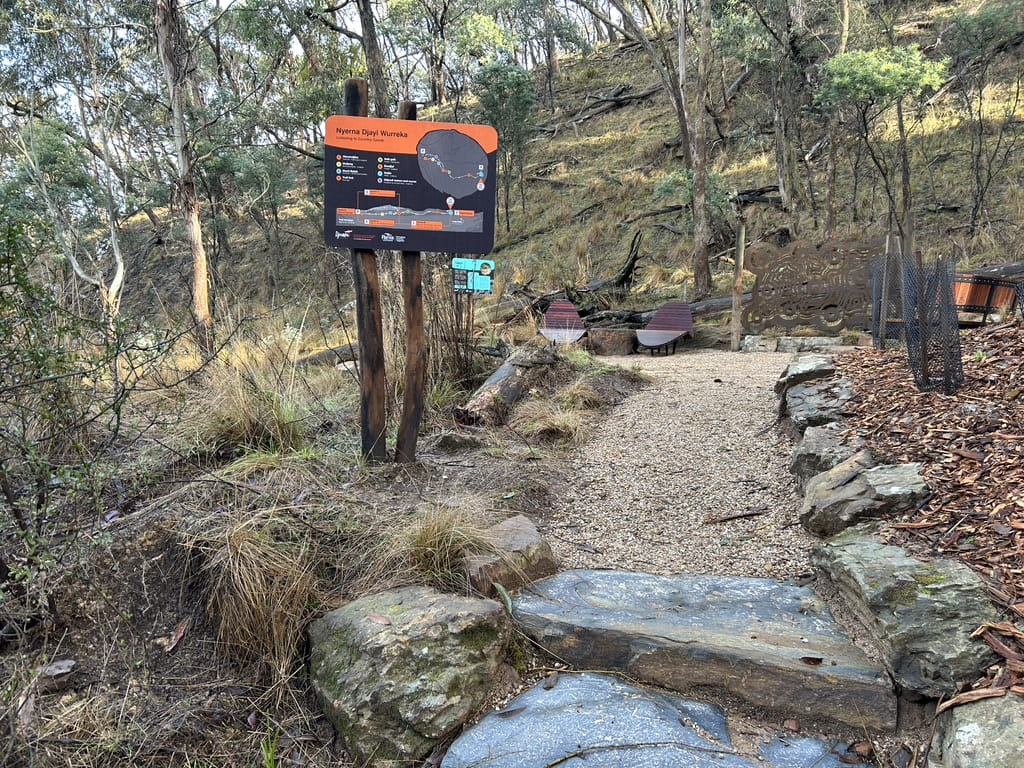 Path through forest with a sign