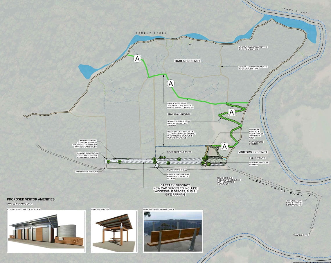 A map showing the final design for upgrades planned at the Cement Creek Redwood Forest in Warburton, as per April 2025.