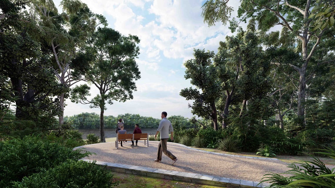A design render of a lookout at Serendip Sanctuary. It shows people seated overlooking a lake.
