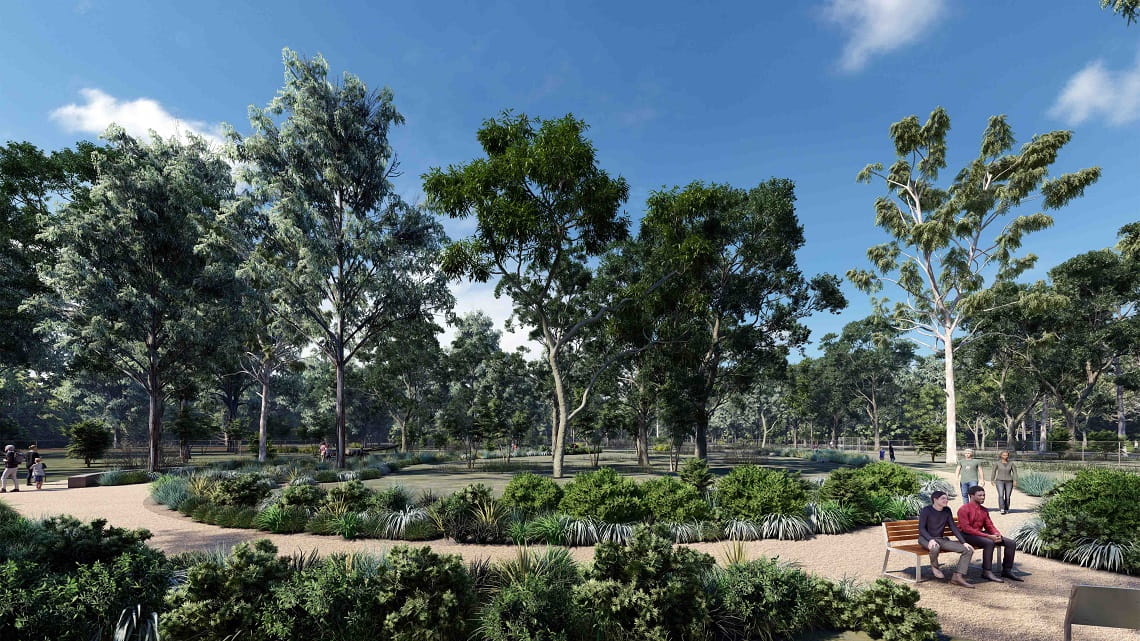 A design render showing improvements to walking paths at Serendip, with an improved surface, seating and vegetation.