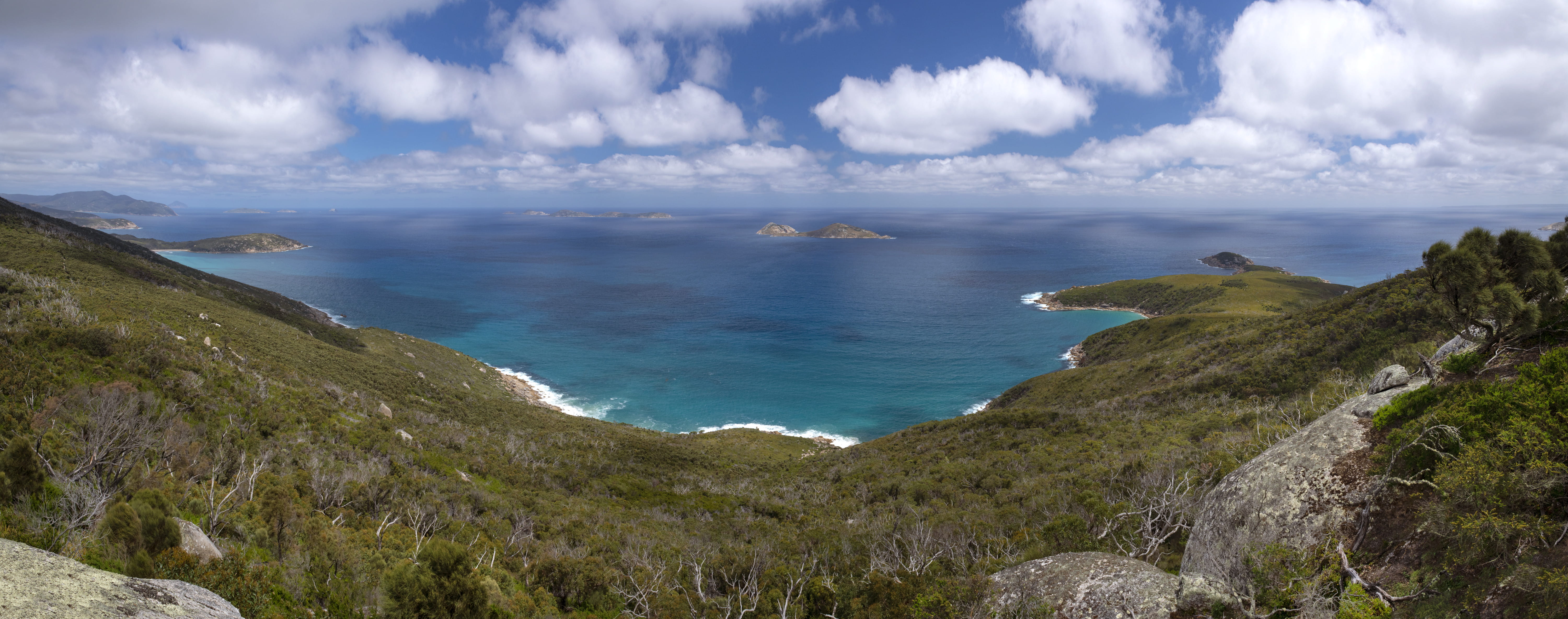 Scenic view of the prom, with blue water and yellow beaches with interspersed trees and vegetation