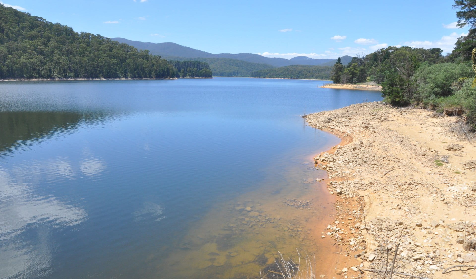 Maroondah reservoir waters gently lapping at its shores.