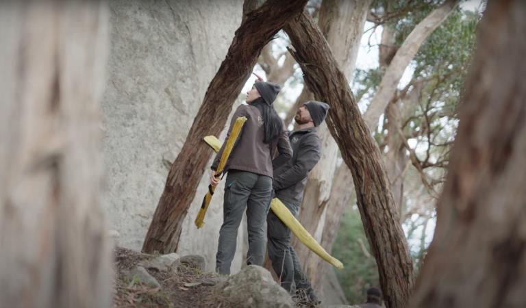Two uniformed rangers survey a rugged bushland landscape