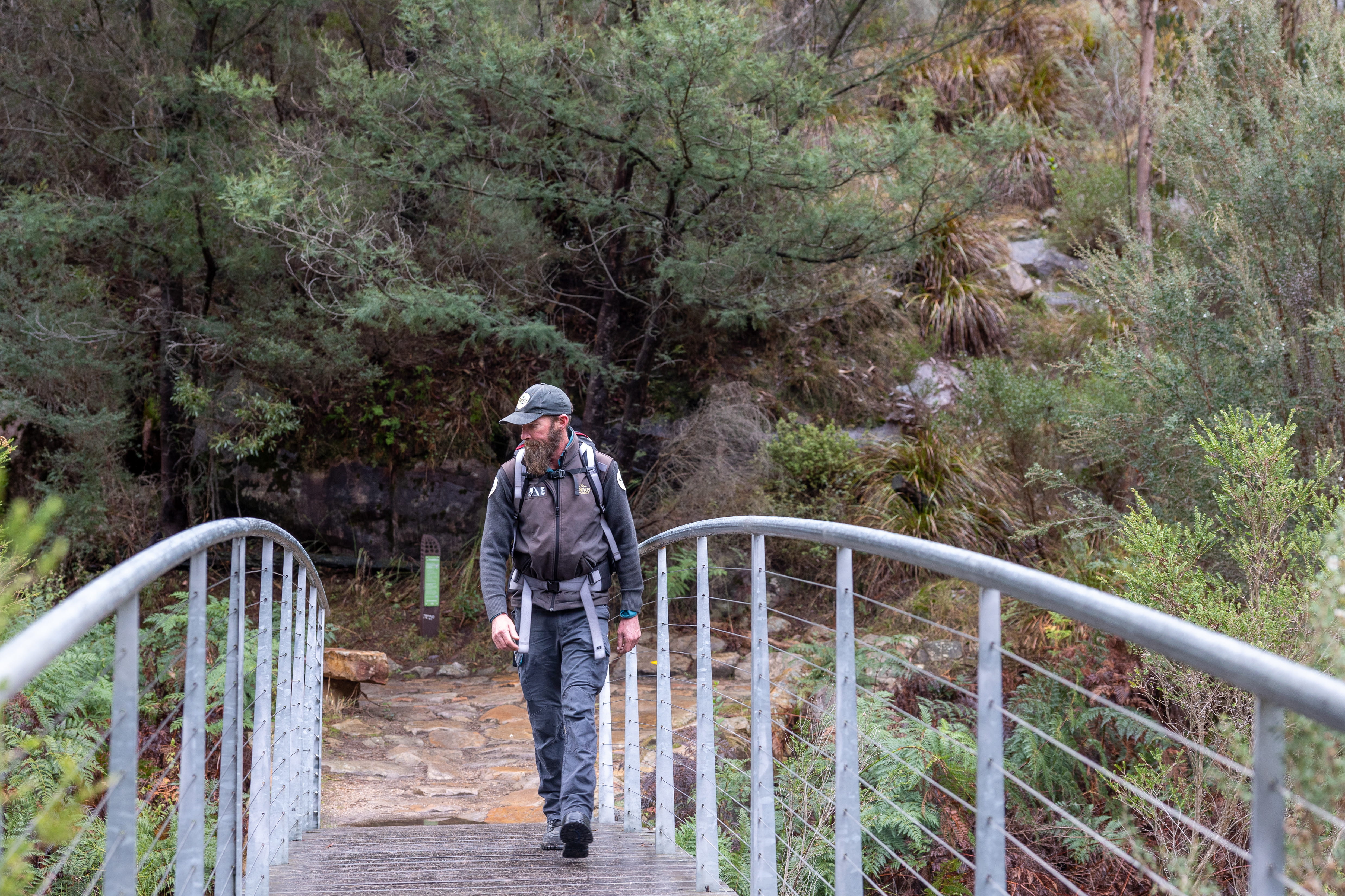 Ranger at work walking along boardwalk