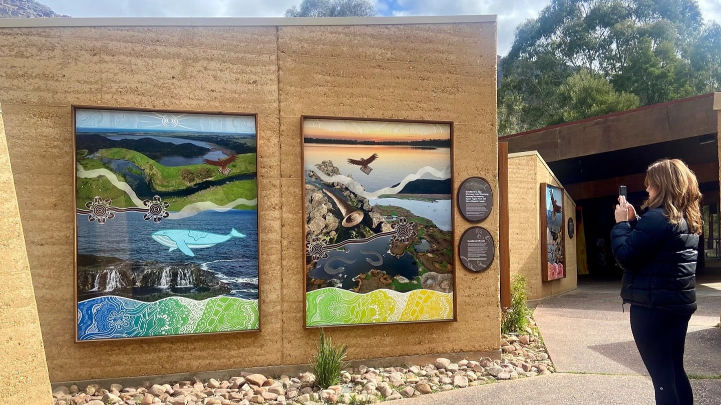 Artworks created by Tanisha Lovett and Levi Lovett on display at Brambuk the National Park and Cultural Centre