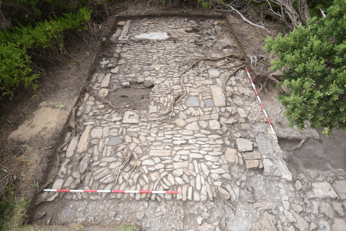 A cobbled pavement has been uncovered from beneath a grassy lawn. 