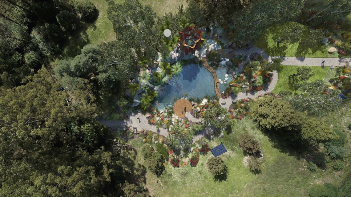 Aerial drawing of a garden with a winding path and large pond.