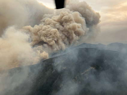 Smoke billowing up in the mountains from the Dargo complex fire