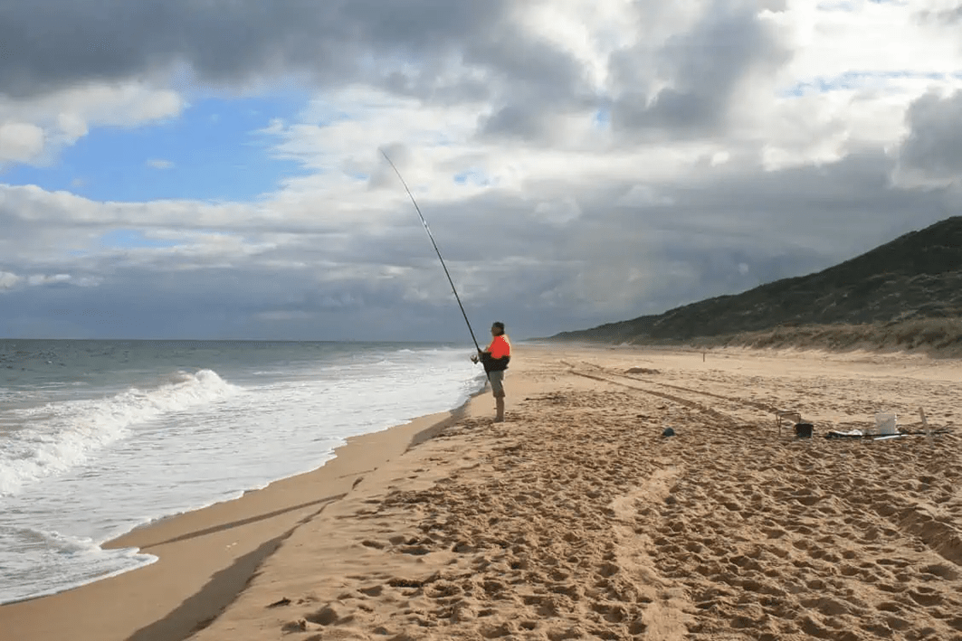 A person fishing at the beach
