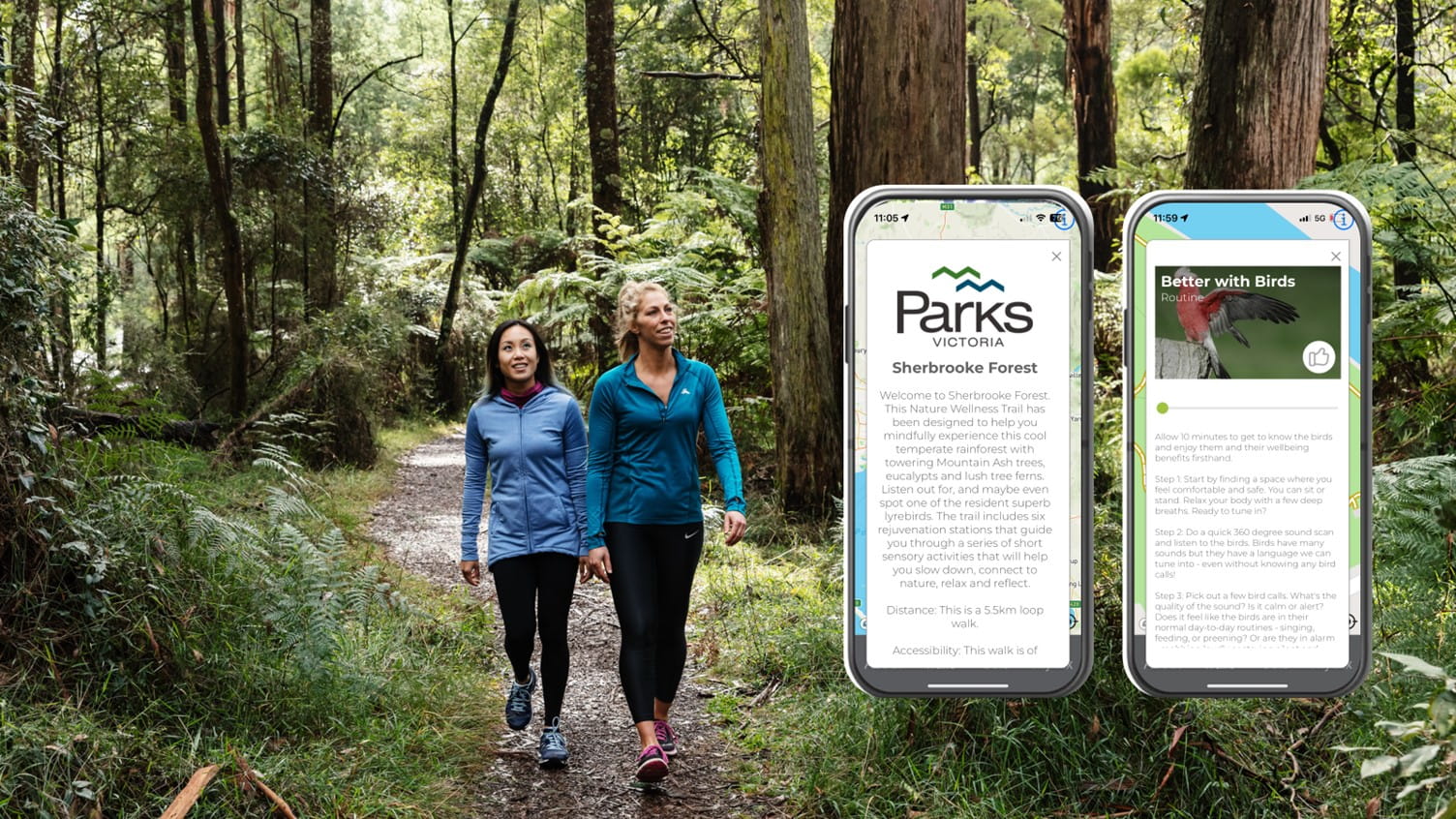 Two people enjoying the Nature Wellness Trail while using the NatureFix app.