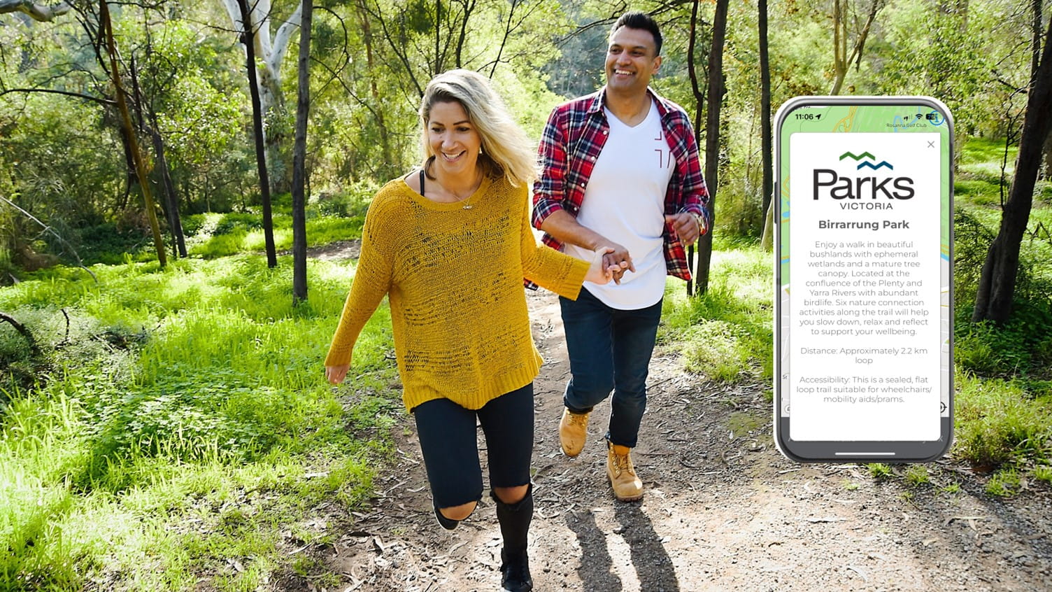 Two people enjoying the Nature Wellness Trail while using the NatureFix app.