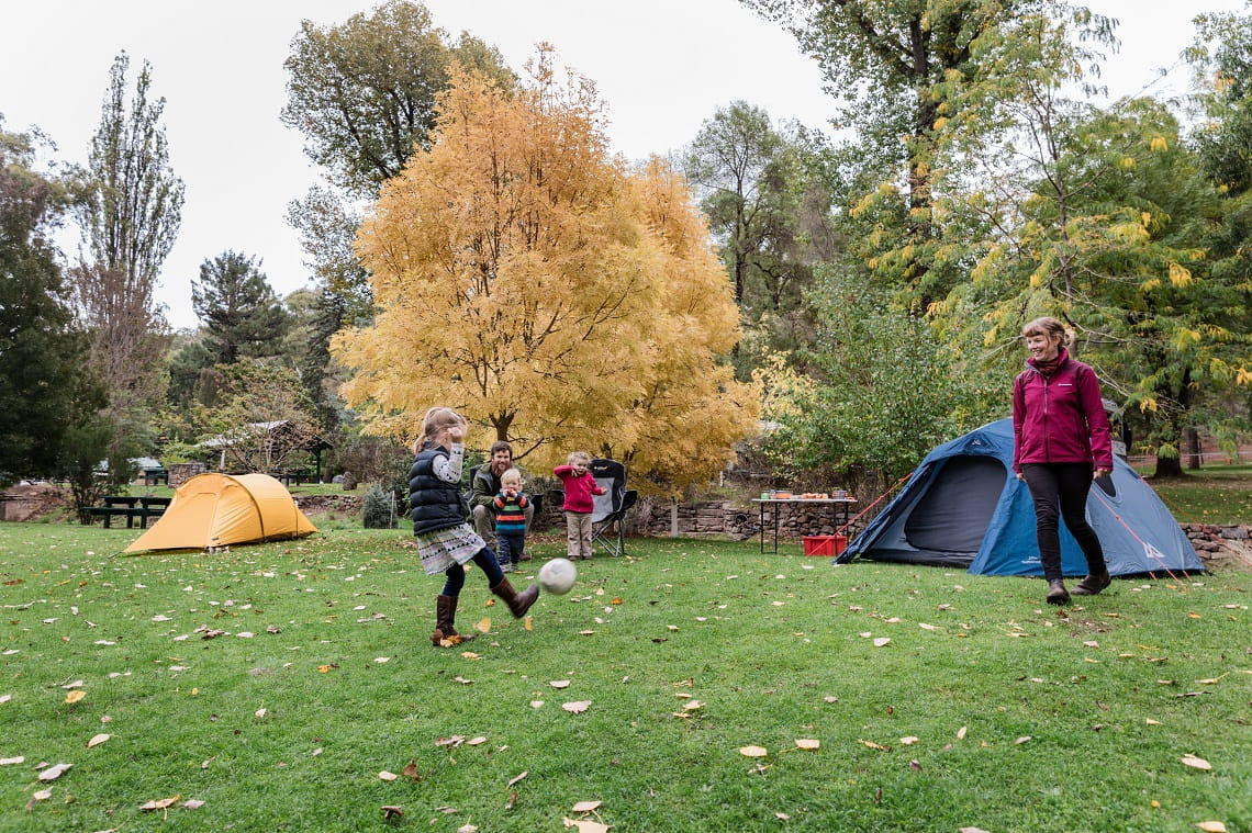 Family enjoying the open spaces camping at Buchan Caves Reserve campground.