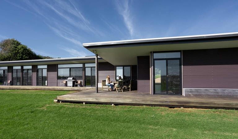 Views of the deck, eco-lodge accommodation at Wilsons Promontory National Park