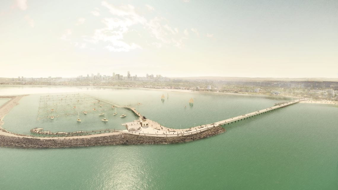 Aerial view of a new pier jutting out into the water and sweeping in an arc enclosing a marina.
