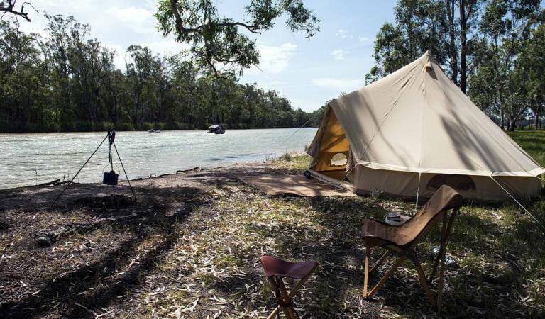 A comfortable campsite set up on the banks of the Murray at Barmah National Park.