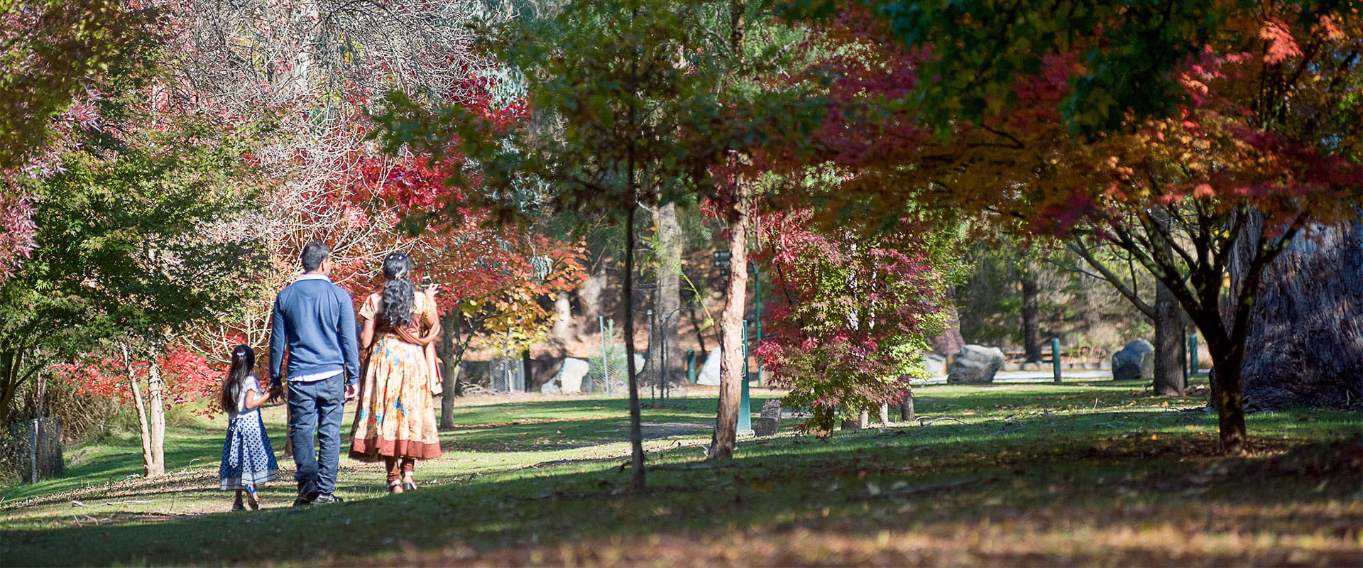 A family walking surrounded by autumn leaves at Buchan Caves Reserve.