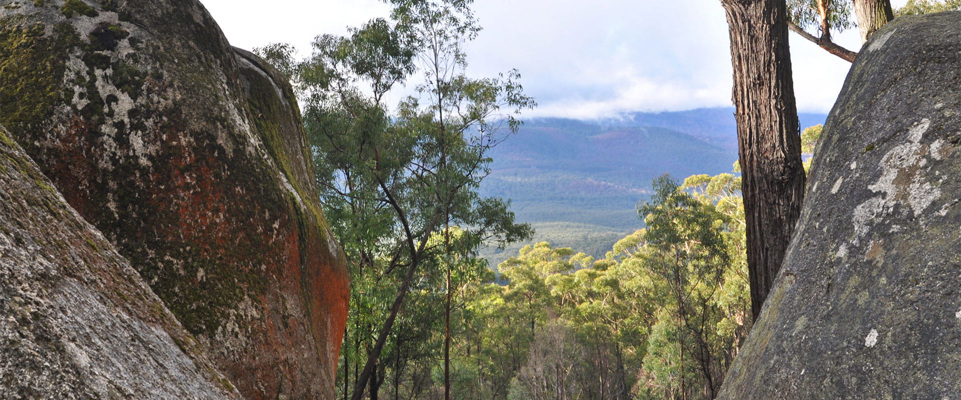 A view looking down between two boulders at a landscape of trees and grasses with hills and clouds in the distance.