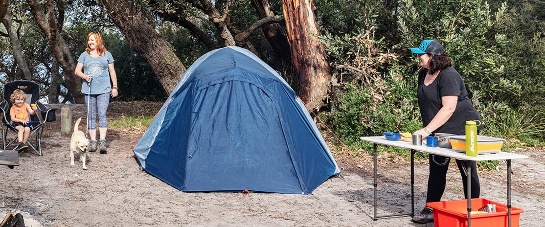 A women walks her small dog through a camping setup around a campfire next to a small boy and another women preparing food on a foldout table 