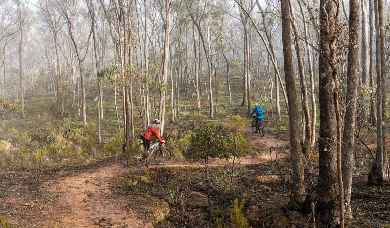 Two women ride mountain bikes along the Goldfields track near Castlemaine.