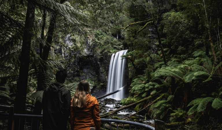 Two people standing on viewing platform looking at waterfall.