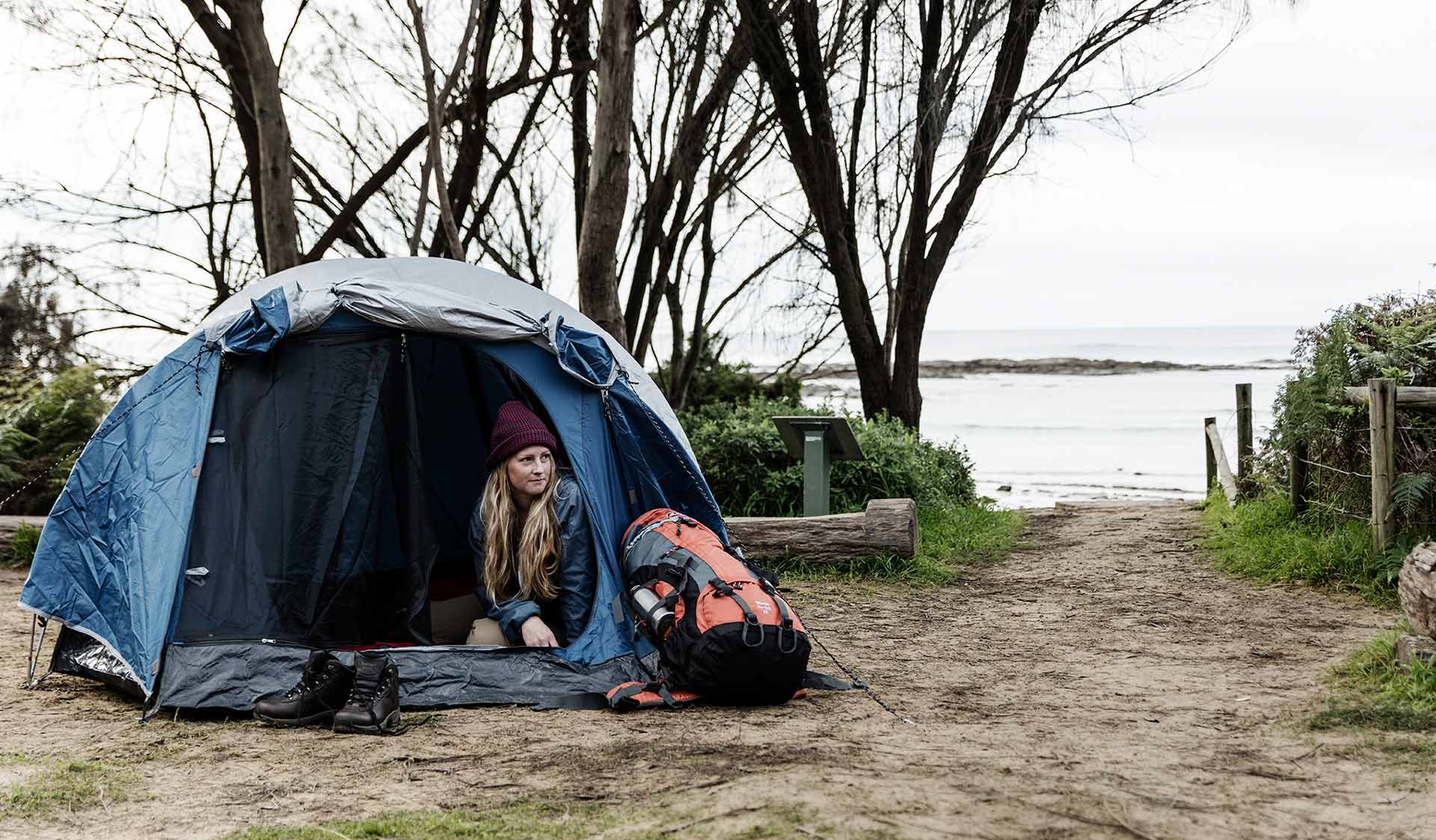 A tent setup at Blanket Bay Campground in the Great Otway National Park