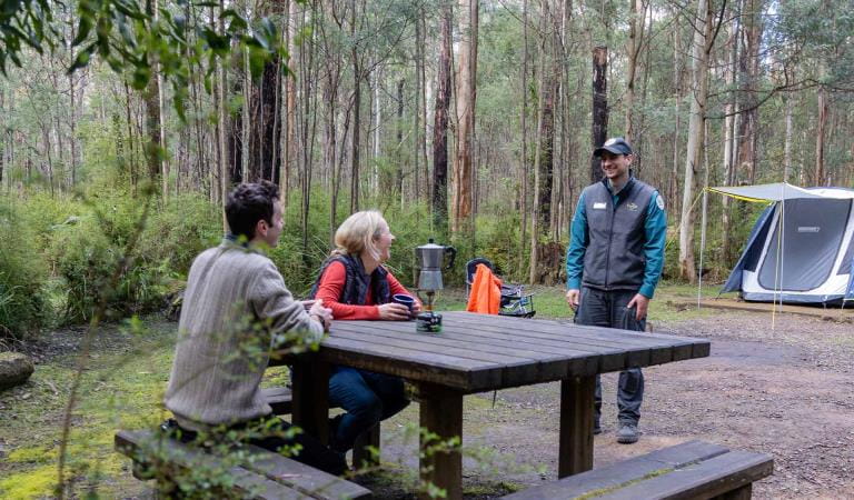 Two campers chat with a ranger while sitting at a picnic table at the Gums Campground at King Lake National Park