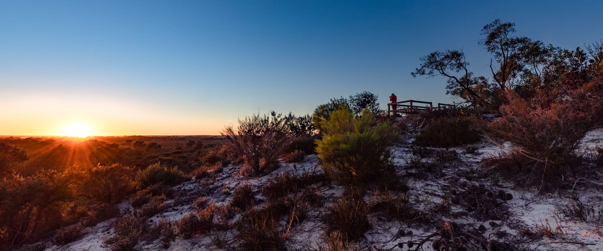 A person looks out onto the beautiful rugged landscape from a viewing platform. The sun peaks over the horizon in the distance.