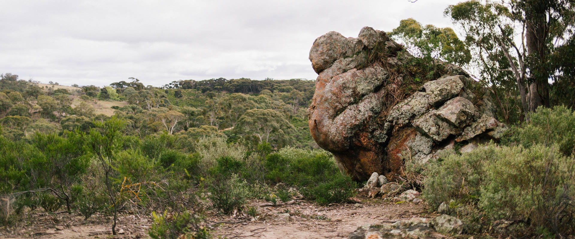 A rugged bushland landscape. A large rust coloured boulders stands tall. 