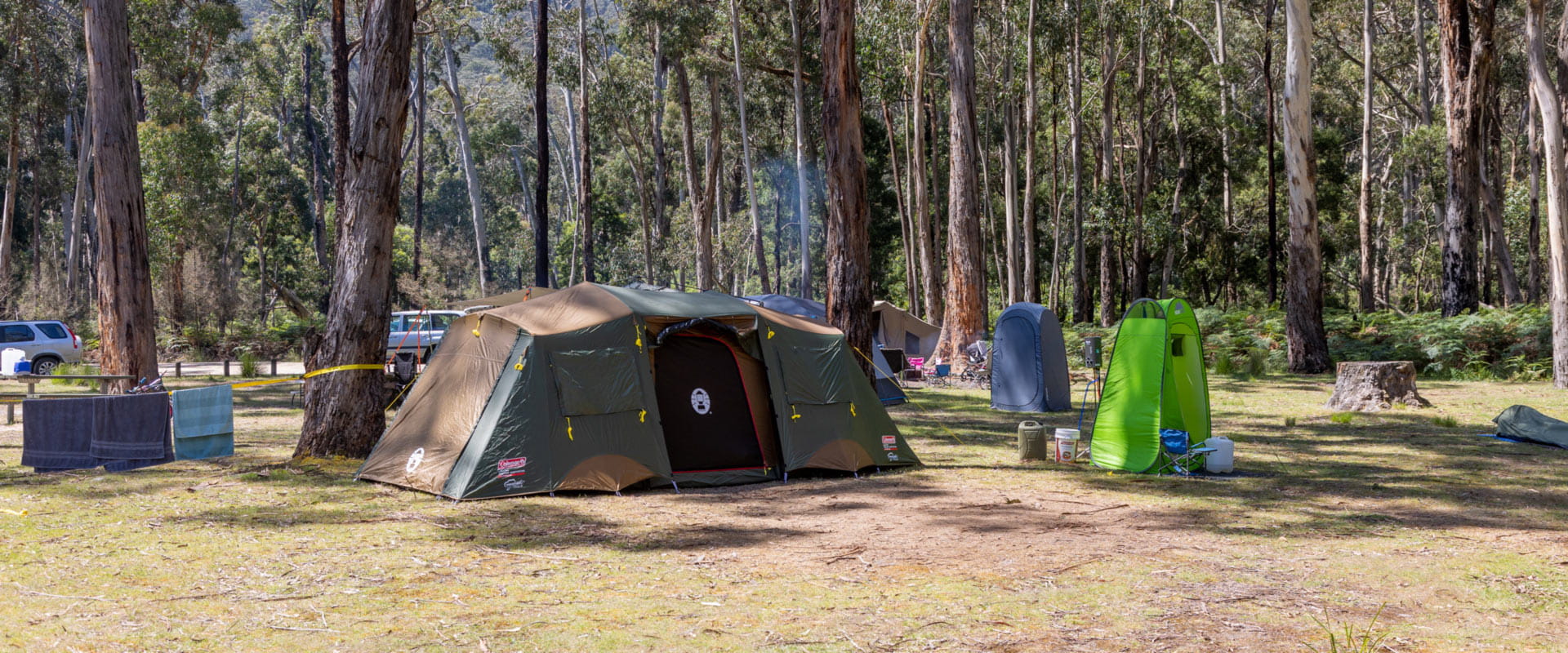 Towels hang to dry on a line beside a large tent, with rising smoke from a nearby campfire rising in the background amongst tall, towering trees.