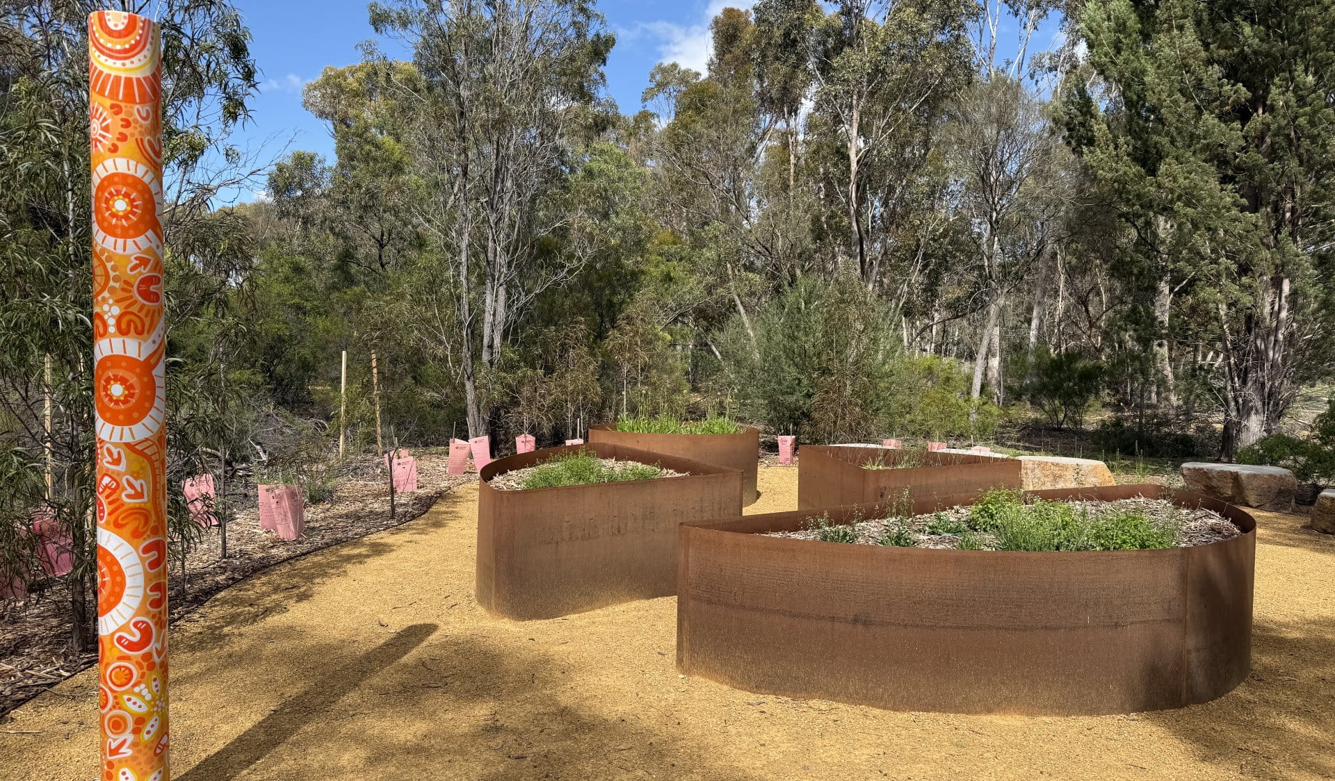 Serendip Sanctuary Sensory Garden plant bays and aboriginal artworks