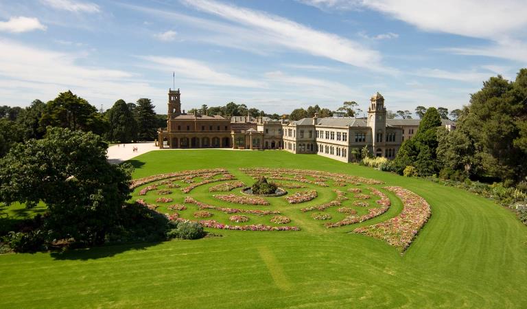An aerial view of Werribee Mansion and its surrounding gardens.
