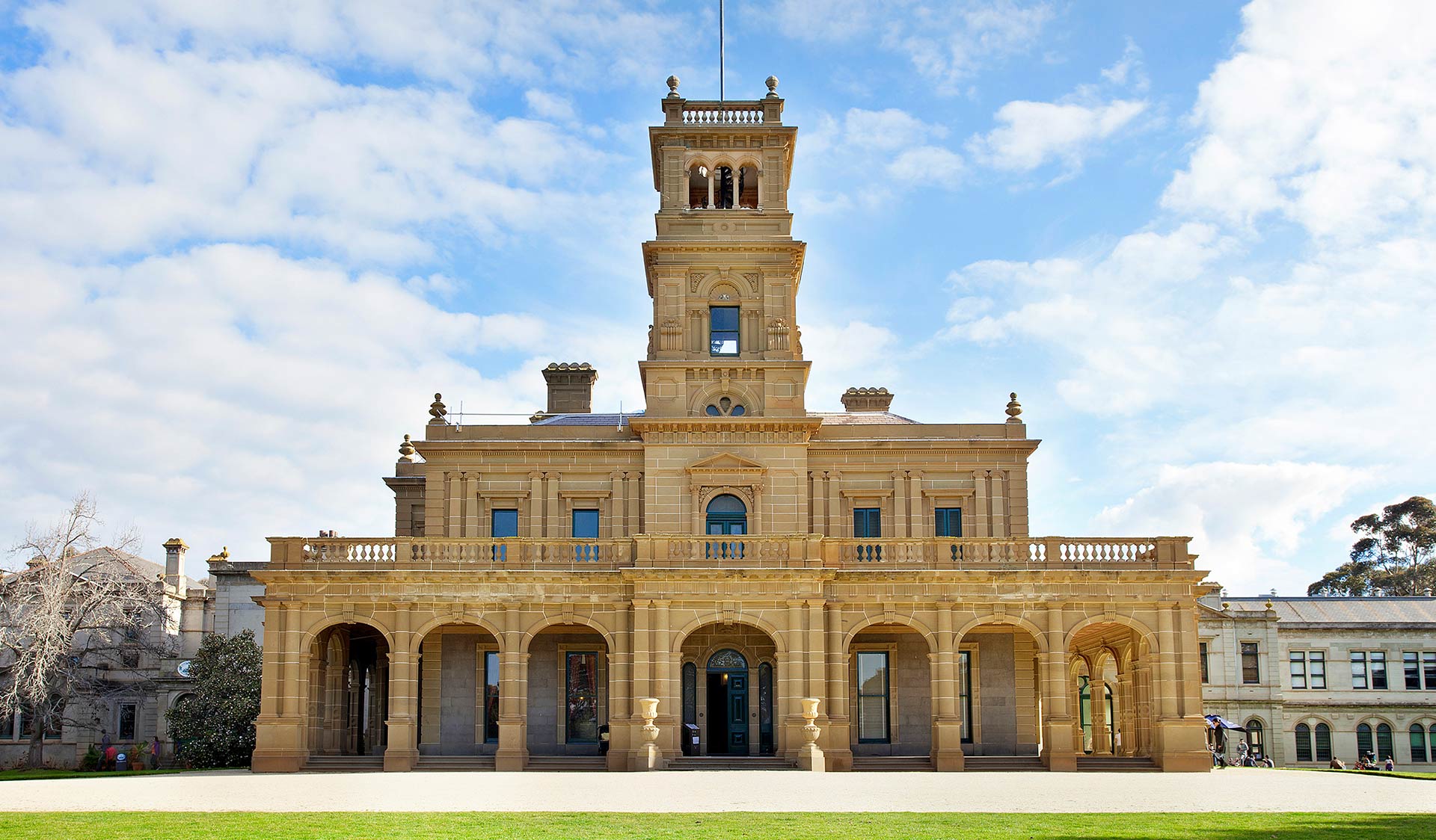 The facade of the historic Werribee Park Mansion.