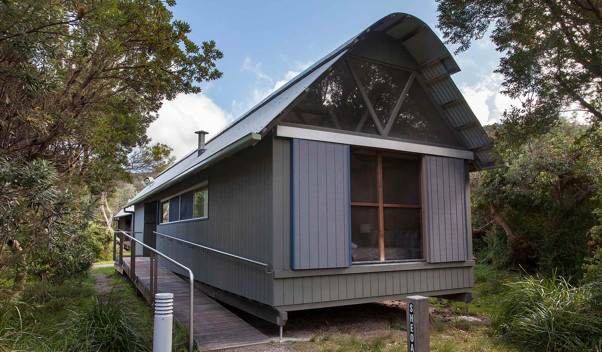 The front and entrance to Sheoak, the accessible cabin, at Tidal River at Wilsons Promontory National Park 